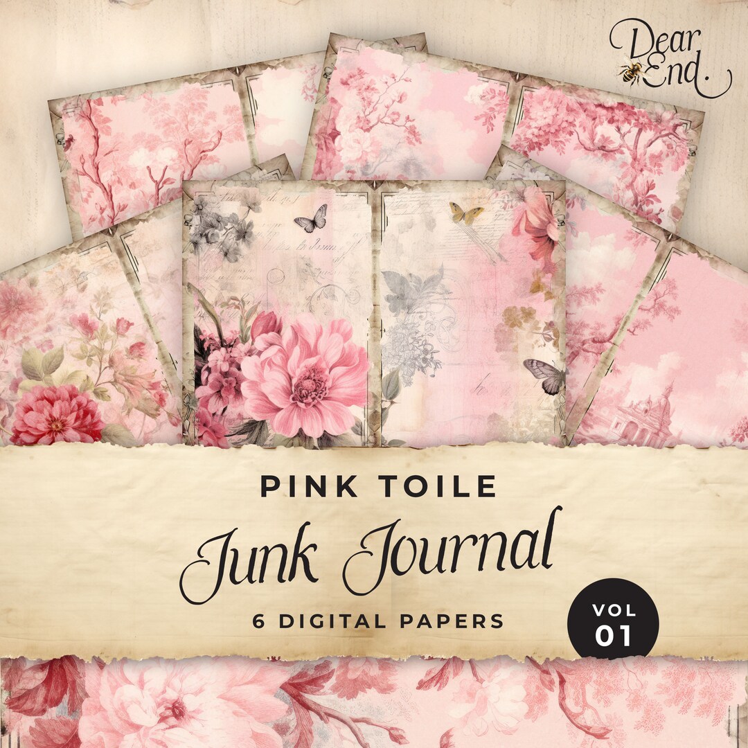 Pink Toile Junk Journal Digital Paper, Shabby Chic 6 Digital Journal ...