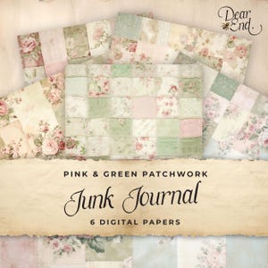 Rosa & Grünes Patchwork Junk Journal, Digitales Papier, Floral 6 Seiten, bedruckbare Ephemera, Collage Sheet, 11 x 8,5