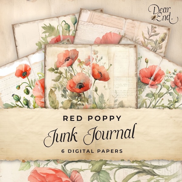 Red Poppy Junk Journal Digital Paper, Poppies 6 Digital Journal Pages, Printable Ephemera, Paper Craft, Collage Sheet 11 x 8.5, T01