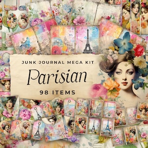 Kit de diario basura "Parisino" - Papeles imprimibles florales de 98 piezas, etiquetas, material efímero, artesanía en papel, hoja de collage 11 x 8,5, JJ029