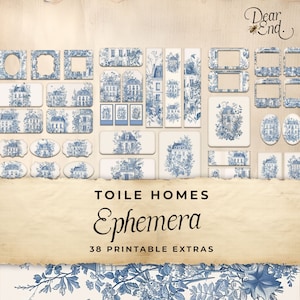 Blue Toile Homes Junk Journal Ephemera Cards, 38 Extra Pack, Shabby Chic Printable Ephemera, Paper Craft, Collage Sheet 11 x 8.5, JJ045