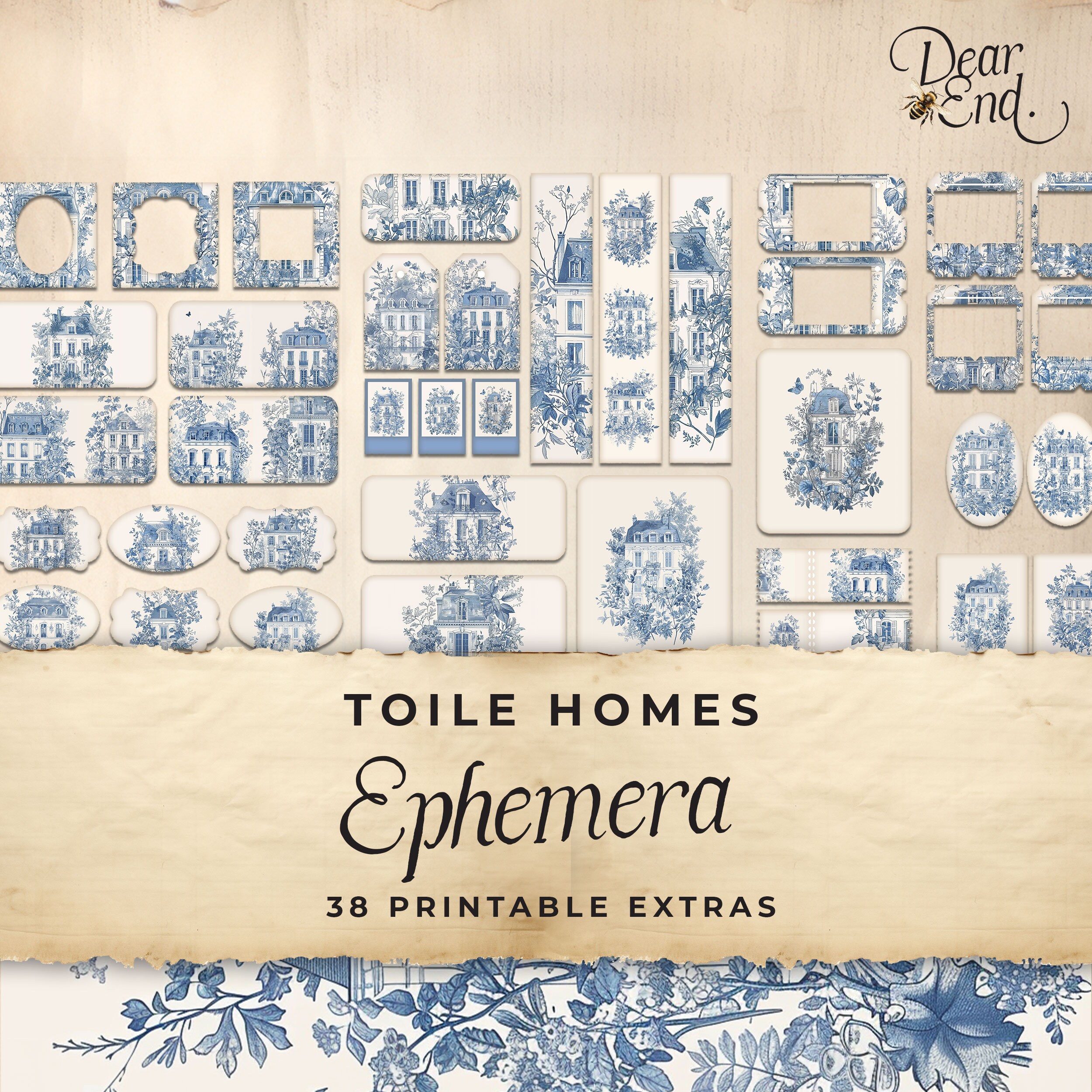 Blue Toile Homes Junk Journal Ephemera Cards, 38 Extras Pack, Shabby ...