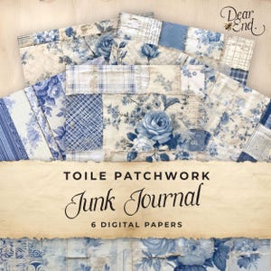 Papel digital para diario basura con diseño de patchwork de toile azul, 6 páginas de diario digital con motivos florales, manualidad efímera imprimible, hoja de collage de 11 x 8,5, JJ051