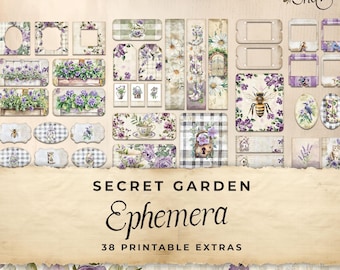Purple Secret Garden Junk Journal Ephemera Cards, 38 Extras Pack, Digital / Printable Ephemera, Paper Craft, Collage Sheet 11 x 8.5, JJ057