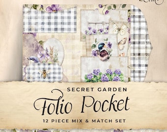 Purple Secret Garden Junk Journal Folio Printables, 12 Piece Mix & Match Pocket, Ephemera, Paper Craft, Collage Sheet 11 x 8.5, JJ057