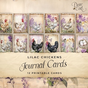 Tarjetas efímeras de diario basura de pollos lilas, 12 tarjetas, extras de animales de granja, efímera imprimible, artesanía de papel, hoja de collage 11 x 8.5, JJ048