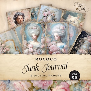 ロココ ジャンク ジャーナル デジタル ペーパー、ブルー & ピンク 6 デジタル ジャーナル ページ、印刷可能なエフェメラ、ペーパー クラフト、コラージュ シート 11 x 8.5、JJ031