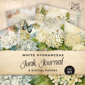 May include: A set of six digital papers featuring white hydrangeas with green leaves and a blue butterfly. The papers are titled "White Hydrangeas Junk Journal Vol 01".