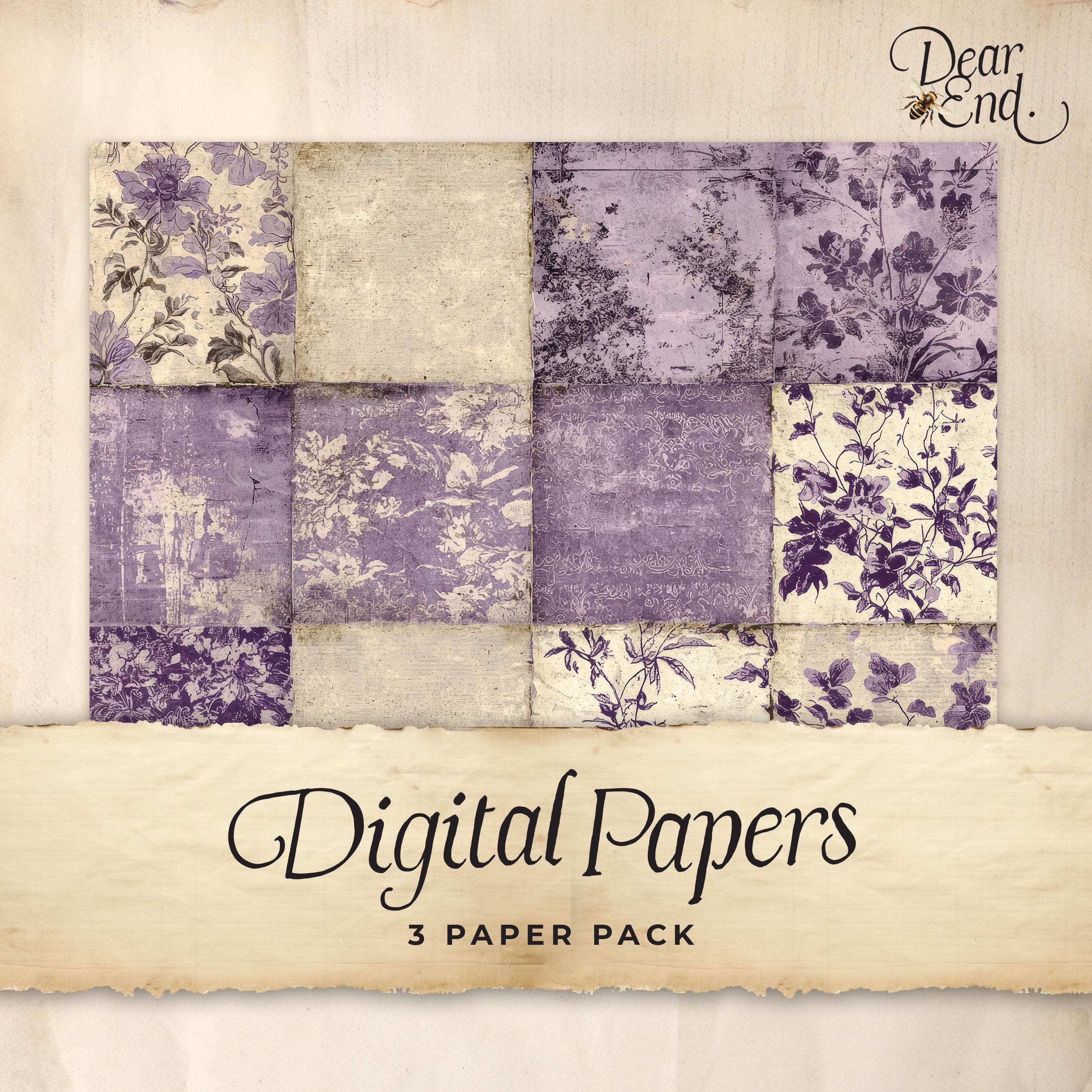 Purple Toile Junk Journal Digital Paper, 3 Digital Journal Pages, Printable Ephemera, Paper Craft, Collage Sheet 11 x 8.5, Rustic lilac