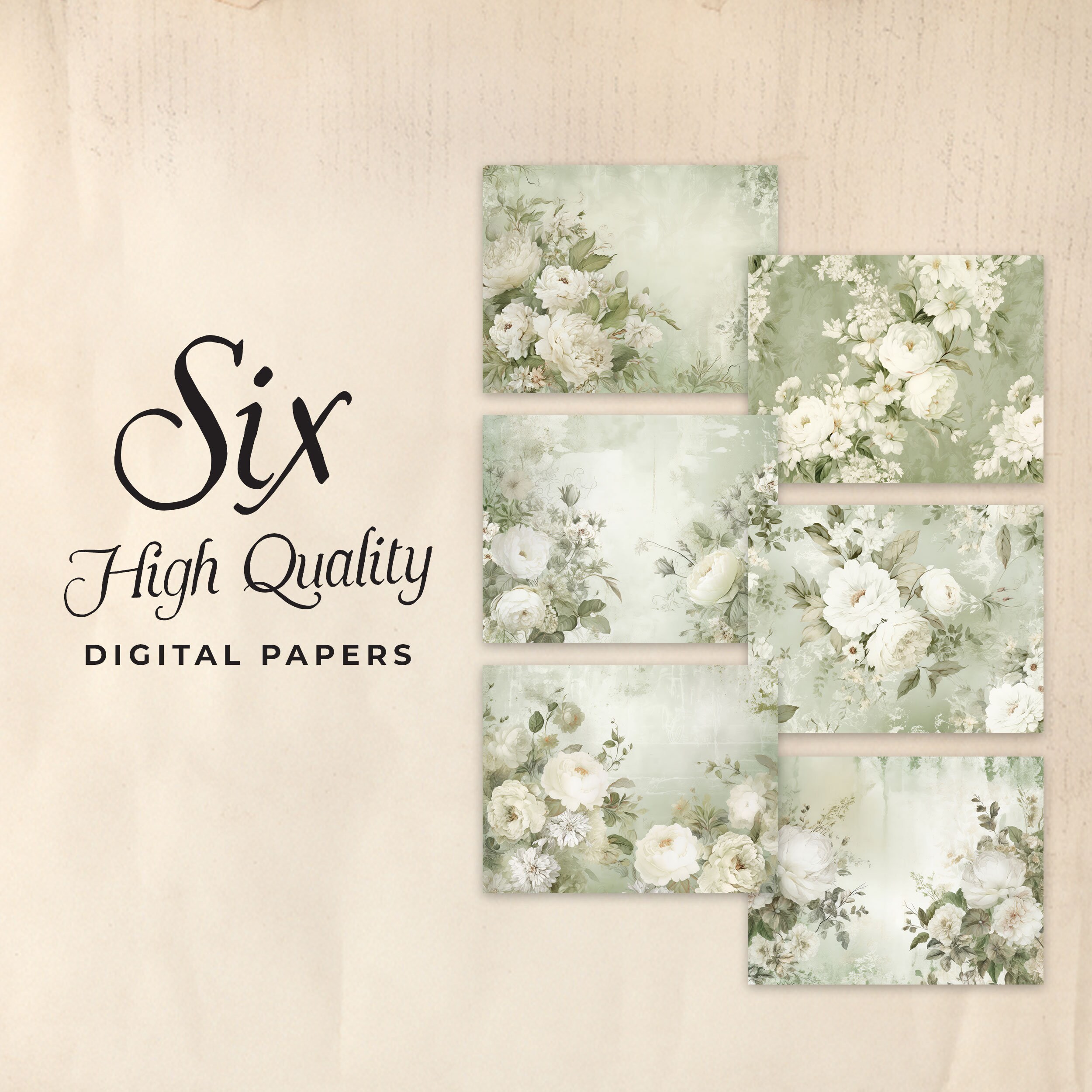 Sage Green Floral Junk Journal Digital Paper, 6 Digital Journal Pages ...