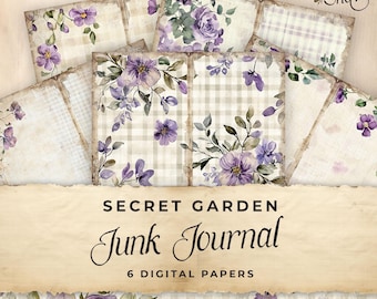 Purple Secret Garden Junk Journal Digital Paper, 6 Digital Journal Pages, Printable Ephemera Paper Craft, Collage Sheet 11 x 8.5, JJ057