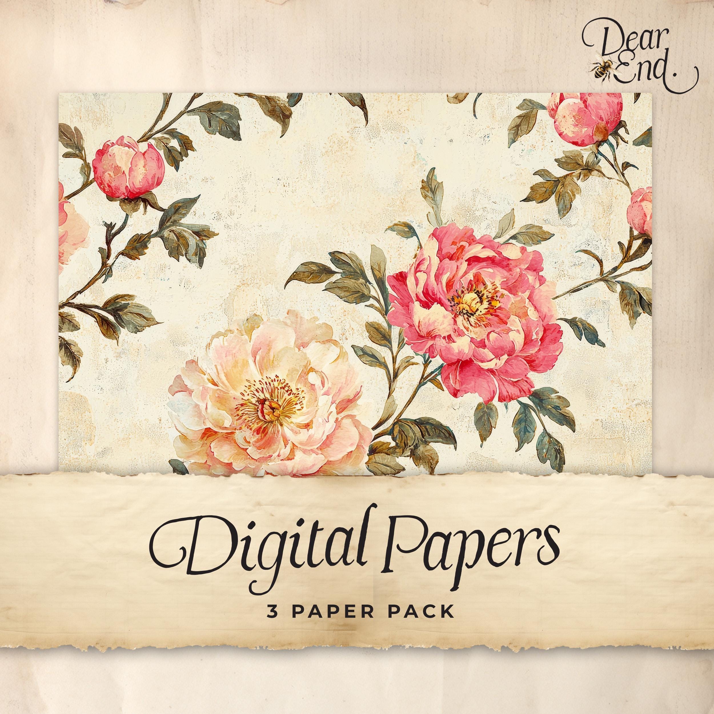 Vintage Floral Junk Journal Carta digitale, 3 pagine di diario digitale, effimeri stampabili, carta artigianale, foglio collage 11 x 8,5, fiori rosa