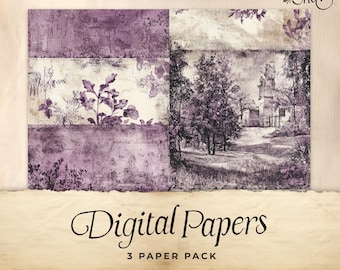Purple Toile Junk Journal Digital Paper, 3 Digital Journal Pages, Printable Ephemera, Paper Craft, Collage Sheet 11 x 8.5, Rustic lilac