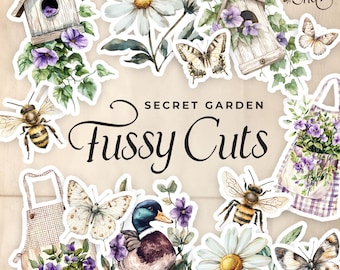 Fussy Cuts, Purple Garden, Birds, Junk Journal Papers, Printable Ephemera Paper Craft, Collage Sheet 11 x 8.5, JJ057