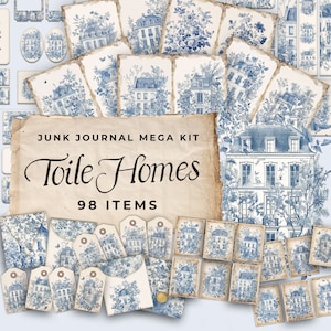 Kit diario spazzatura "Blue Toile Homes" - Carta stampabile floreale da 98 pezzi, etichette, effimeri, creazioni con la carta, foglio collage 11 x 8,5, JJ045