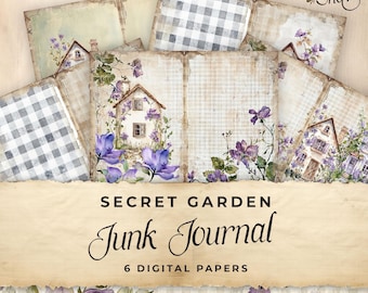 Purple Secret Garden Junk Journal Digital Paper, 6 Digital Journal Pages, Printable Ephemera Paper Craft, Collage Sheet 11 x 8.5, JJ057