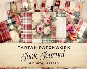 Carta digitale per diario Tartan Patchwork Junk, floreale 6 pagine di diario digitale, artigianato effimero stampabile, foglio collage 11 x 8,5, JJ052