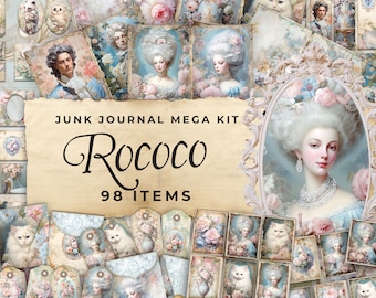 Junk Journal Kit "Rococo" - 98 Piece Floral Printable Papers, Tags, Ephemera, Paper Craft, Collage Sheet 11 x 8.5, JJ031