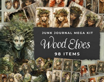 Junk Journal Kit &quot;Wood Elves&quot; - 98 Piece Floral Printable Papers, Tags, Ephemera, Paper Craft, Collage Sheet 11 x 8.5, JJ047