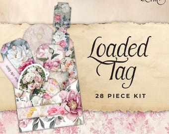 Loaded Tag Printable, Pink Vintage Shabby Chic Spring, Victorian, Flowers, Junk Journal Folio, Ephemera Paper Craft, Collage Sheet 11 x 8.5