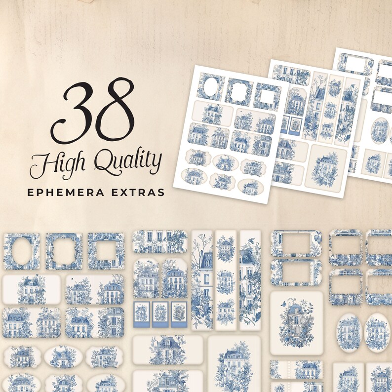 Blue Toile Homes Junk Journal Ephemera Cards, 38 Extras Pack, Shabby ...