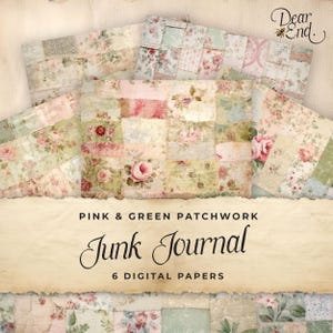 Papier numérique pour journal indésirable patchwork rose et vert, 6 pages de journal numérique floral, éphémères imprimables, créations en papier, feuille de collage 11 x 8,5