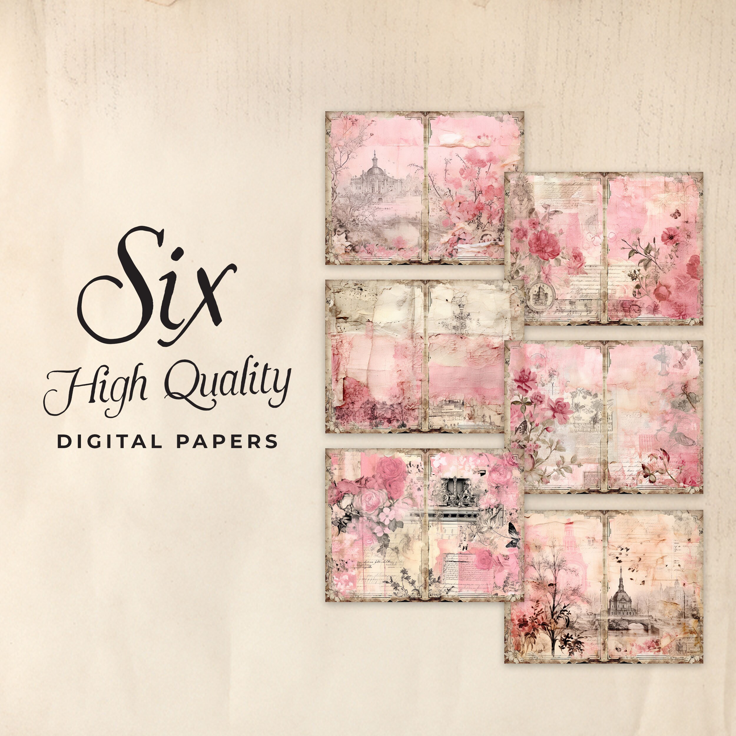 Pink Toile Junk Journal Digital Paper, Shabby Chic 6 Digital Journal ...