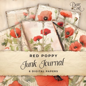 Papel digital Red Poppy Junk Journal, Poppies 6 páginas de diário digital, coisas efêmeras para impressão, artesanato em papel, folha de colagem 11 x 8,5, T01