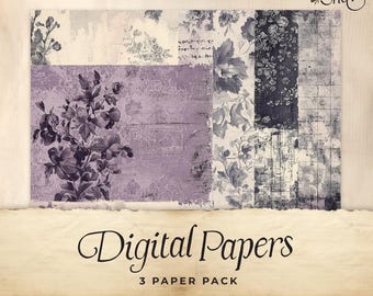 Purple Toile Junk Journal Digital Paper, 3 Digital Journal Pages, Printable Ephemera, Paper Craft, Collage Sheet 11 x 8.5, Rustic lilac