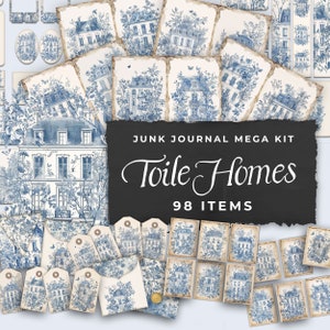 Kit diario spazzatura "Blue Toile Homes" - Carta stampabile floreale da 98 pezzi, etichette, effimeri, creazioni con la carta, foglio collage 11 x 8,5, JJ045