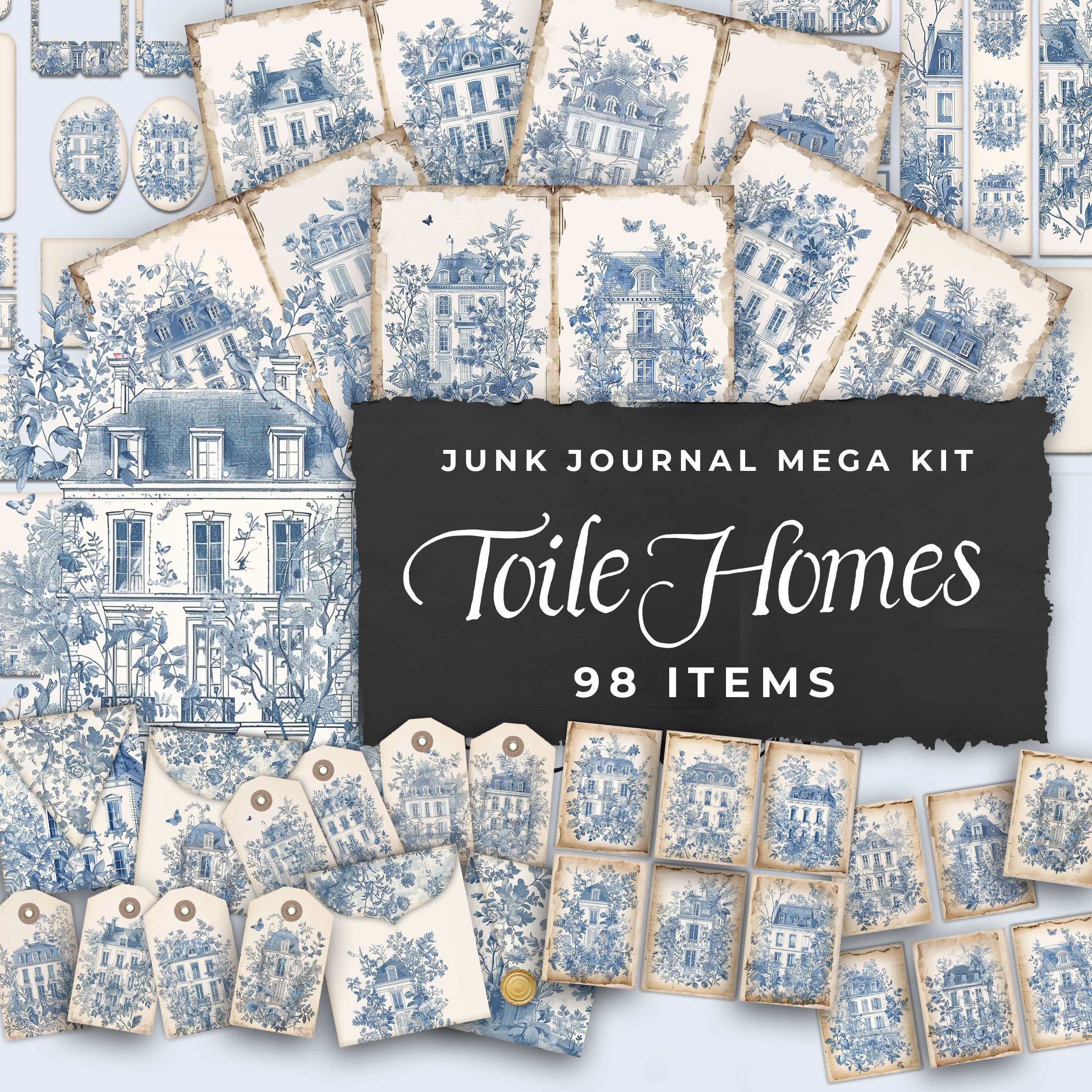 Junk Journal Kit "Blue Toile Homes" - 98 Piece Floral Printable Papers, Tags, Ephemera, Paper Craft, Collage Sheet 11 x 8.5, JJ045