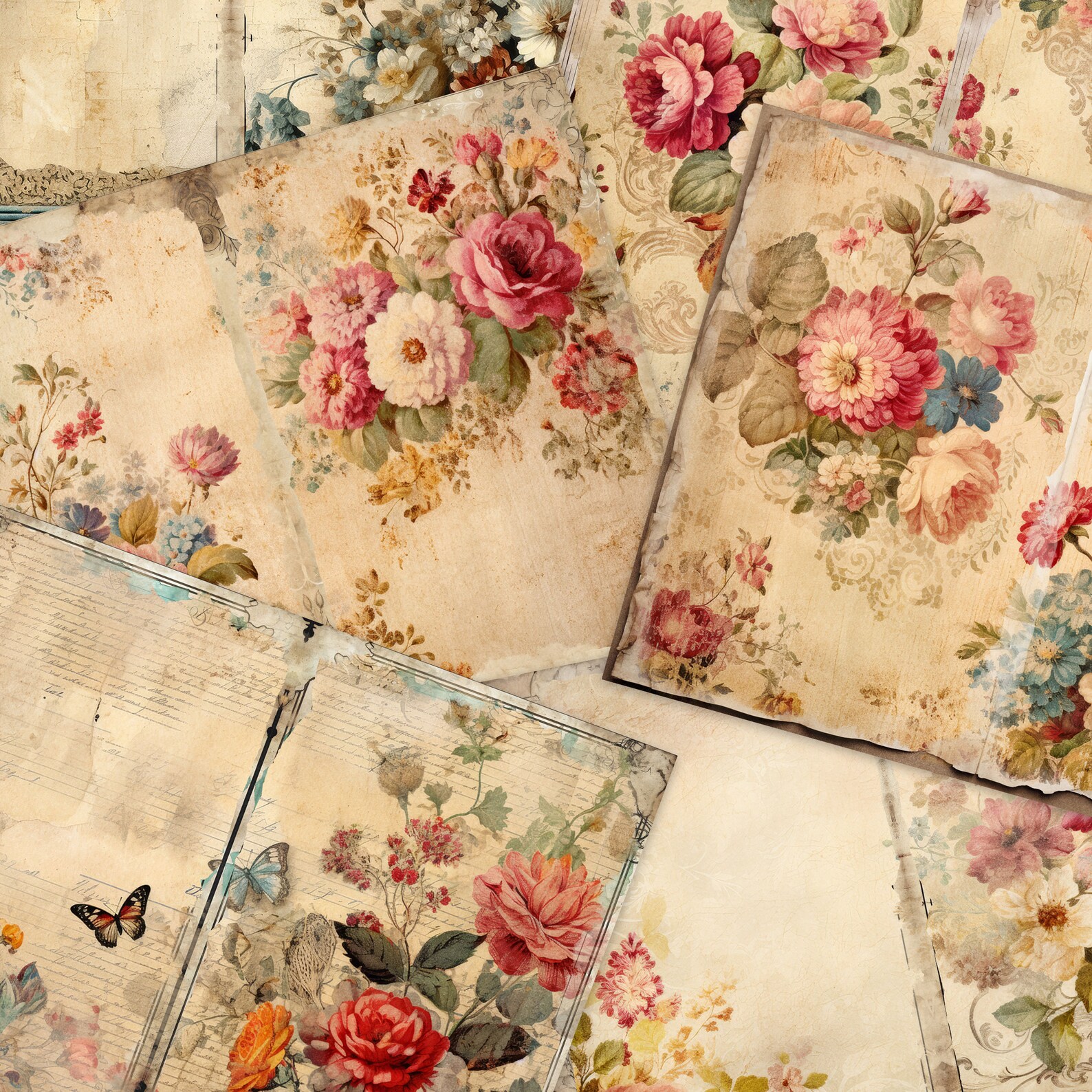 Shabby Chic Junk Journal Digital Paper, Floral 6 Digital Journal Pages ...
