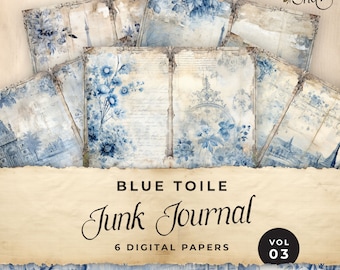 Blaues Toile Junk Journal, Digitales Papier, Floral 6 Seiten, Digital Journal, Printable Ephemera Papierkunst, Collage Sheet 11 x 8.5, JJ025