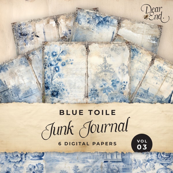 Blaues Toile Junk Journal, Digitales Papier, Floral 6 Seiten, Digital Journal, Printable Ephemera Papierkunst, Collage Sheet 11 x 8.5, JJ025