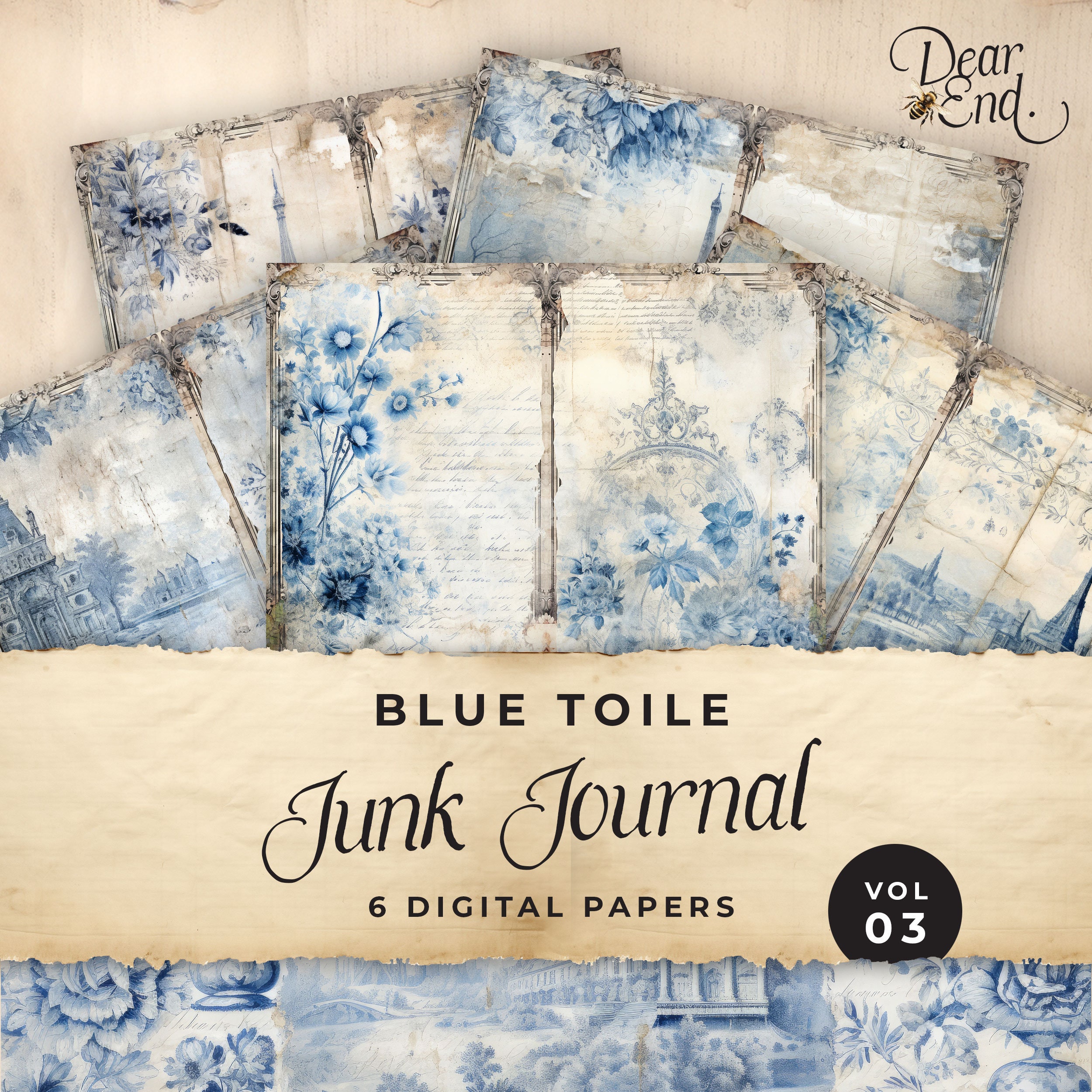 Blue Toile Junk Journal Digital Paper, Floral 6 Digital
