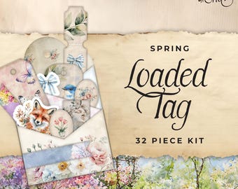 Loaded Tag Printable, Vintage Shabby Chic Spring, Bluebird, Flowers, Junk Journal Folio, Ephemera Paper Craft, Collage Sheet 11 x 8.5