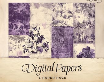 Purple Toile Junk Journal Digital Paper, 3 Digital Journal Pages, Printable Ephemera, Paper Craft, Collage Sheet 11 x 8.5, Rustic lilac