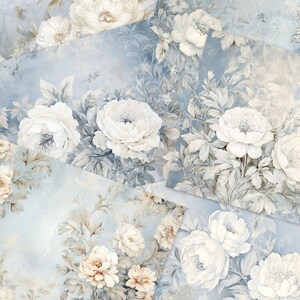 May include: A digital collage of white flowers on a blue background. The flowers are arranged in a random pattern and are surrounded by leaves. The background is a light blue color with a subtle texture.