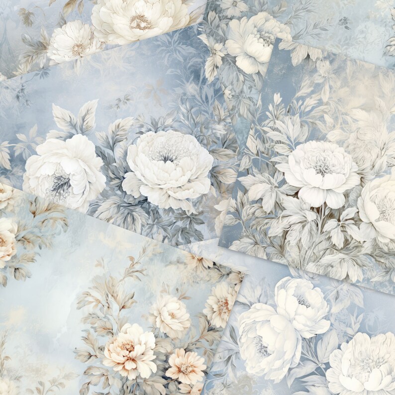 May include: A digital collage of white flowers on a blue background. The flowers are arranged in a random pattern and are surrounded by leaves. The background is a light blue color with a subtle texture.