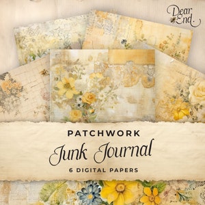 May include: Six digital papers featuring a patchwork design with yellow flowers, lace, and a grid pattern. The papers are titled "Patchwork Junk Journal" and are for digital use only.