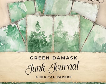 May include: Six digital papers featuring a green damask pattern with a watercolour wash effect. The papers are titled "Green Damask Junk Journal".