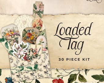 Loaded Tag Printable, Botanical Vintage Shabby Chic, Victorian, Flowers, Junk Journal Folio, Ephemera Paper Craft, Collage Sheet 11 x 8.5