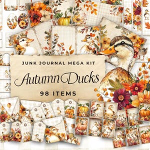 Kit de diario basura "Patos de otoño": 98 hojas de papel con motivos florales para imprimir, etiquetas, efímeras, manualidades de papel, hojas de collage de 11 x 8,5, JJ056
