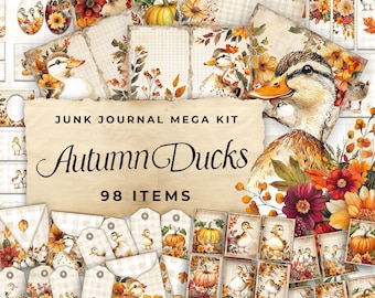 Junk Journal Kit "Autumn Ducks" - 98 Piece Floral Printable Papers, Tags, Ephemera, Paper Craft, Collage Sheet 11 x 8.5, JJ056