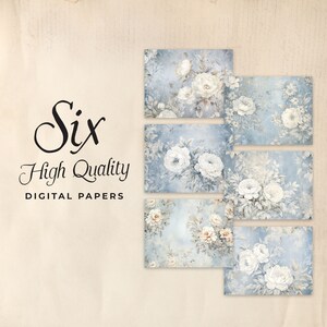 May include: Six high quality digital papers featuring a blue and white floral pattern with white roses and leaves.