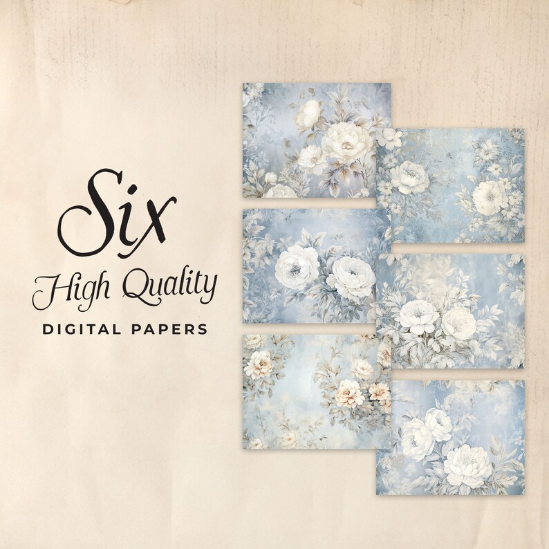 May include: Six high quality digital papers featuring a blue and white floral pattern with white roses and leaves.