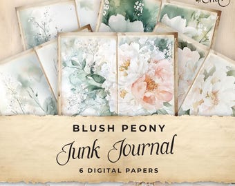 Blush Pink Peony Junk Journal Digital Paper, Botanical 6 Digital Journal Pages, Printable Ephemera, Paper Craft, Collage Sheet 11 x 8.5
