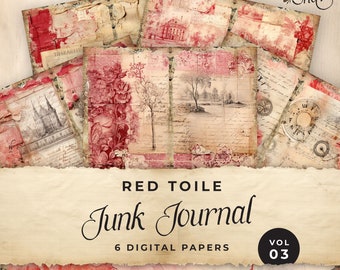 Red Toile Junk Journal Carta digitale, Shabby Chic 6 pagine di diario digitale, Mestiere di carta effimera stampabile, Foglio di collage 11 x 8,5, JJ028