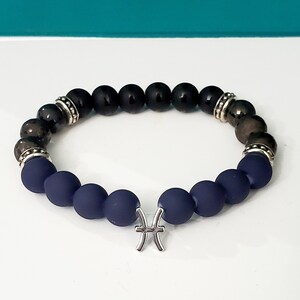 Zodiac Beaded Bracelet Astrology Bracelet Black Matte Blue Bracelet Pisces