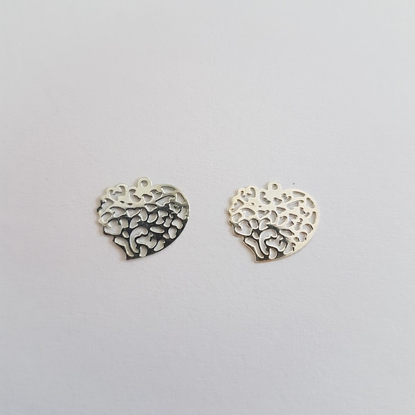 Lot de 2 estampes filigrane coeur argent, estampes argent, breloques coeur, coeurs, apprêt argent, fourniture bijoux, diy, apprêts